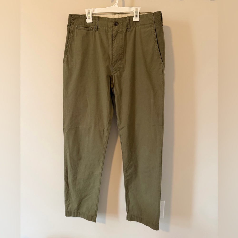 Buck Mason Men’s Carry On Chino Twill Pants Green Size 32 Zipper Fly